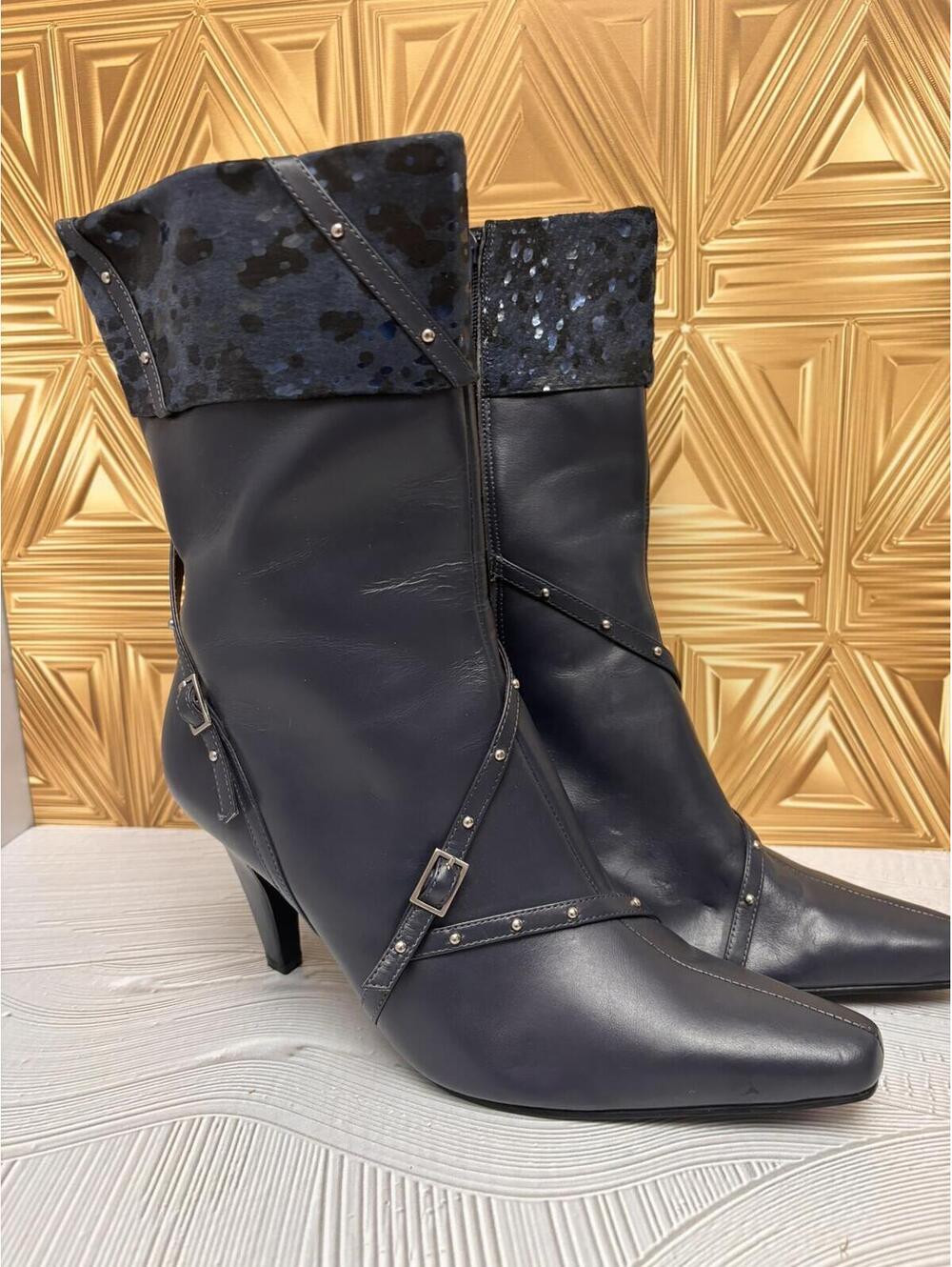Womens Blue Leather Upper Ankle Boot with Buckles and Animal Print Cuff Size 9M
